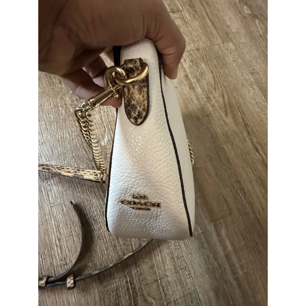 Coach Chalk White Pebbled Leather Top Handle Crossbody Bag Snakeskin Trim Gold
